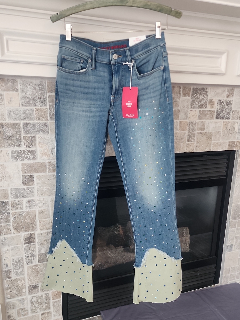 Lucky Brand Blue Denim Flare Jeans with Cream Contrast Hem and Crystal Accents